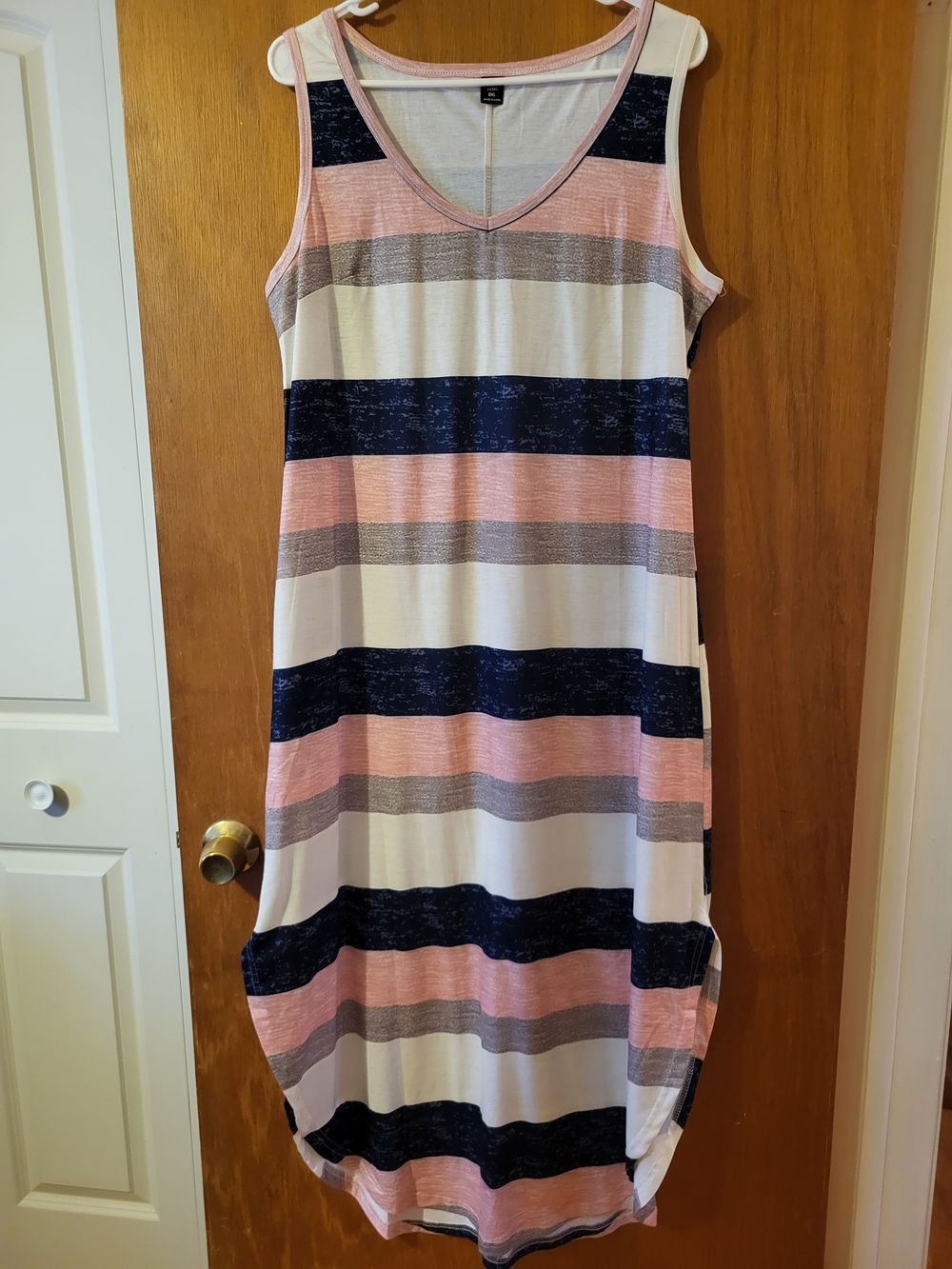 SHEIN Pink, Navy & White Striped Sleeveless V-Neck Maxi Dress